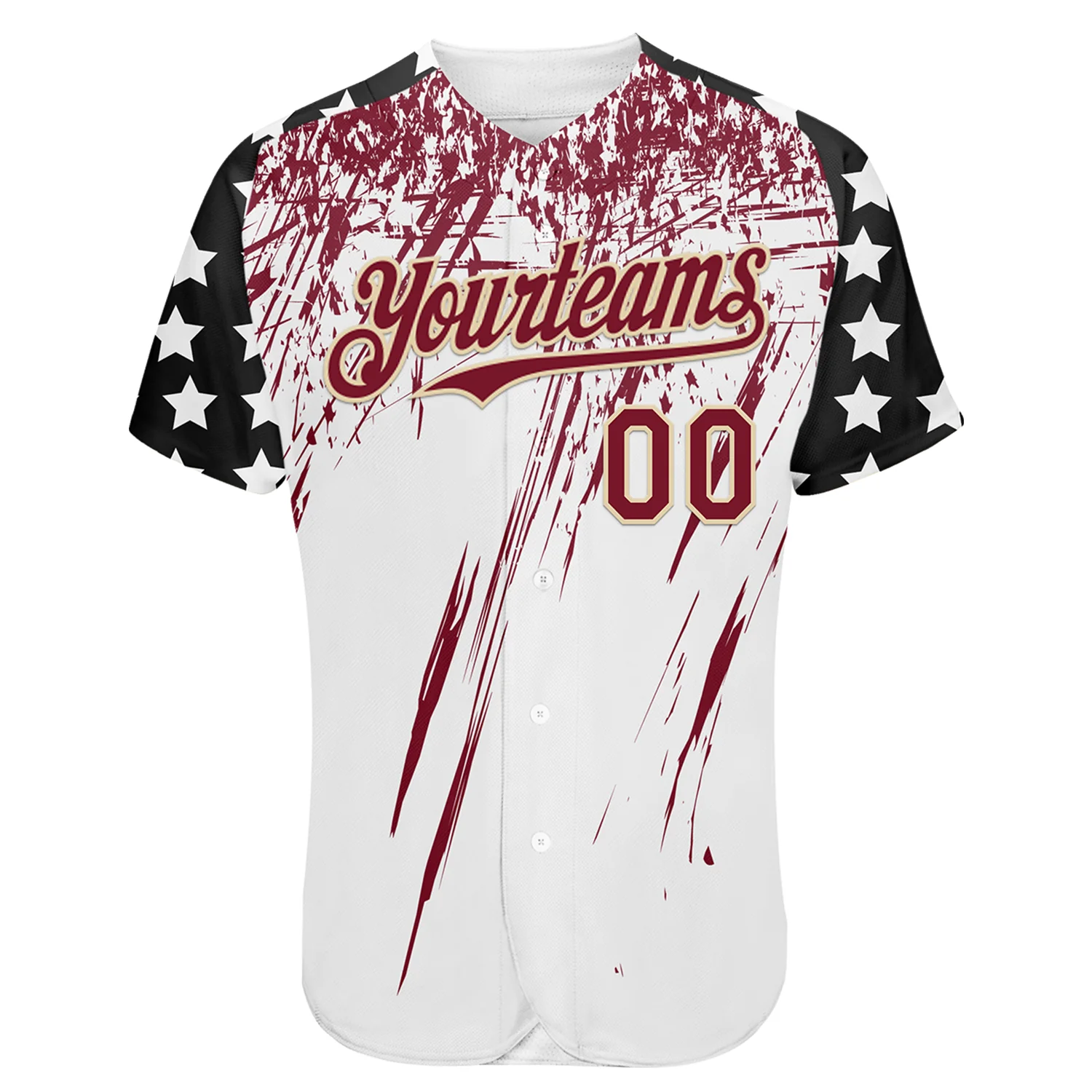 Custom White Crimson Cream-Black Splatter Brush Stroke Star Raglan Sleeves Authentic Baseball Jersey - Image 2