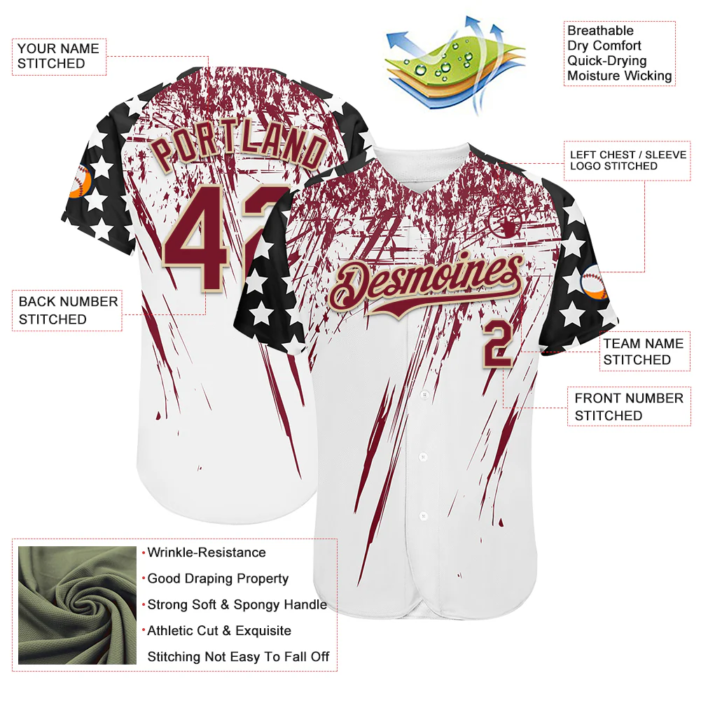 Custom White Crimson Cream-Black Splatter Brush Stroke Star Raglan Sleeves Authentic Baseball Jersey - Image 3