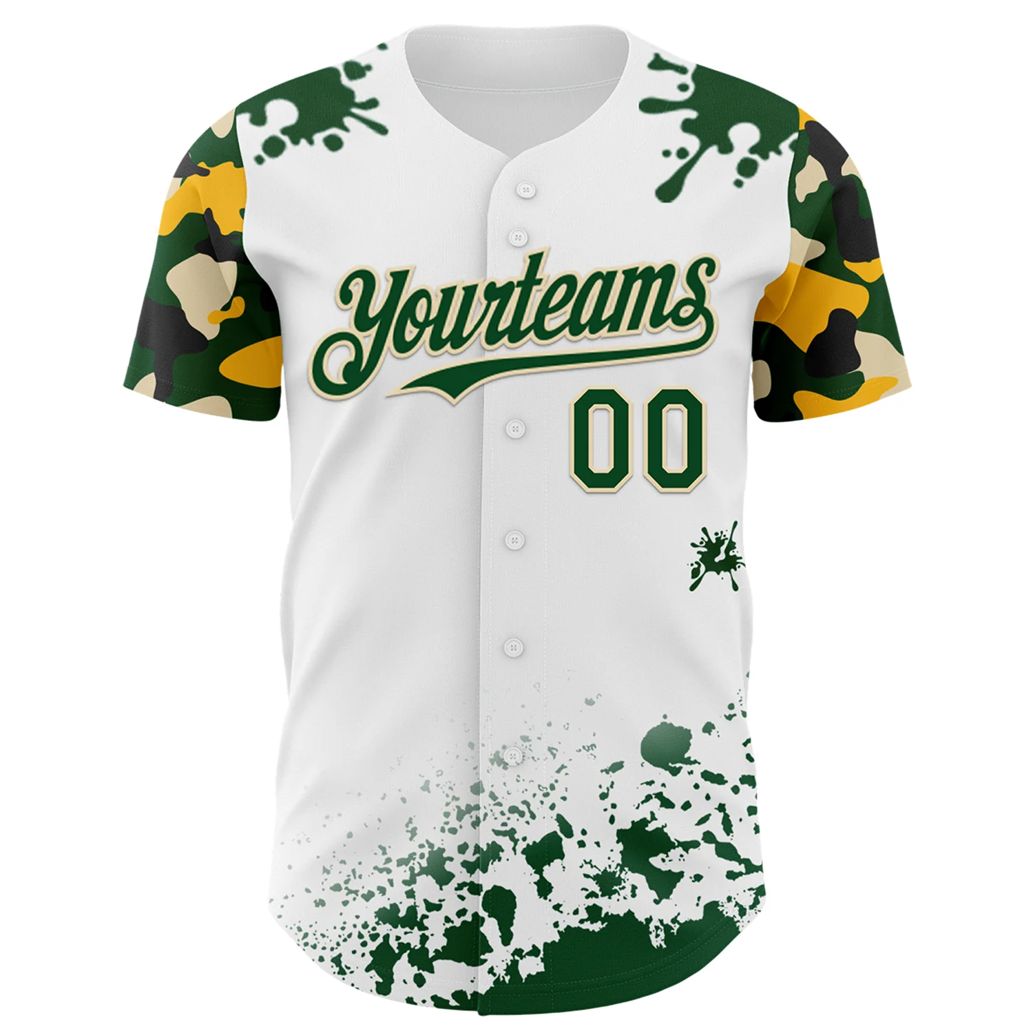 Custom White Green Cream-Yellow Splatter Camo Two Tone Authentic Baseball Jersey - Image 2