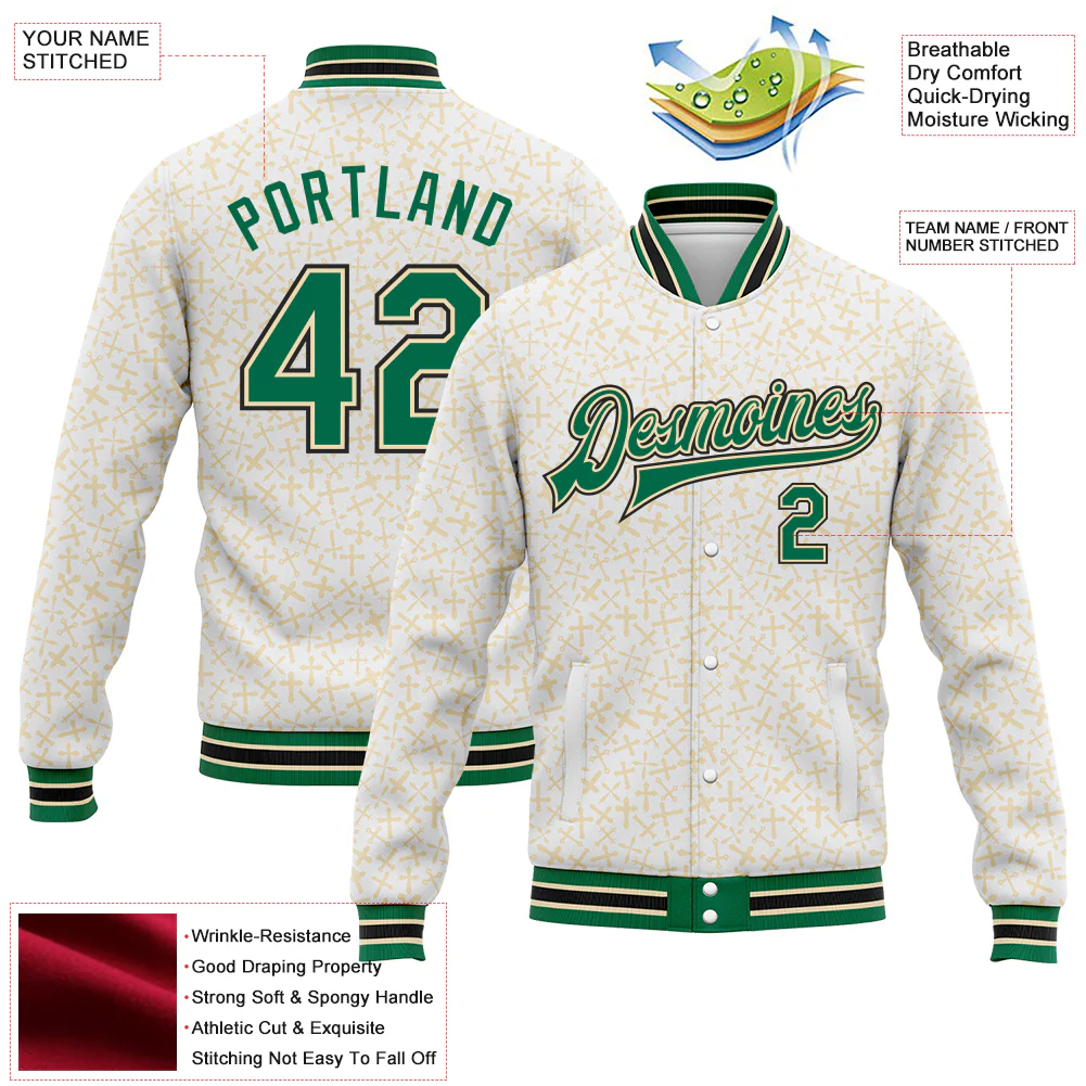 Custom White Kelly Green Cream-Black Crosses Bomber Full-Snap Varsity Letterman Jacket - Image 4