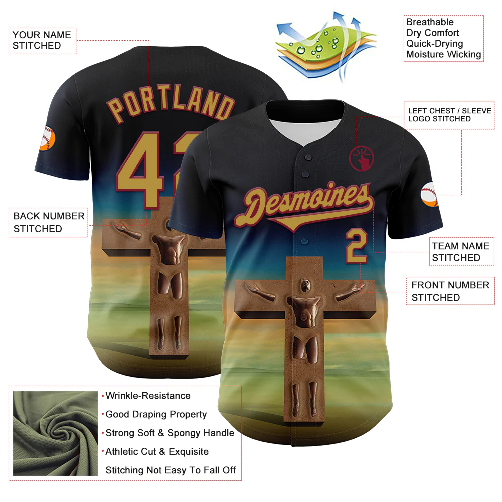 Custom Black Old Gold-Crimson 3D Marcel Caram The Man And The Cross Authentic Baseball Jersey - Image 3