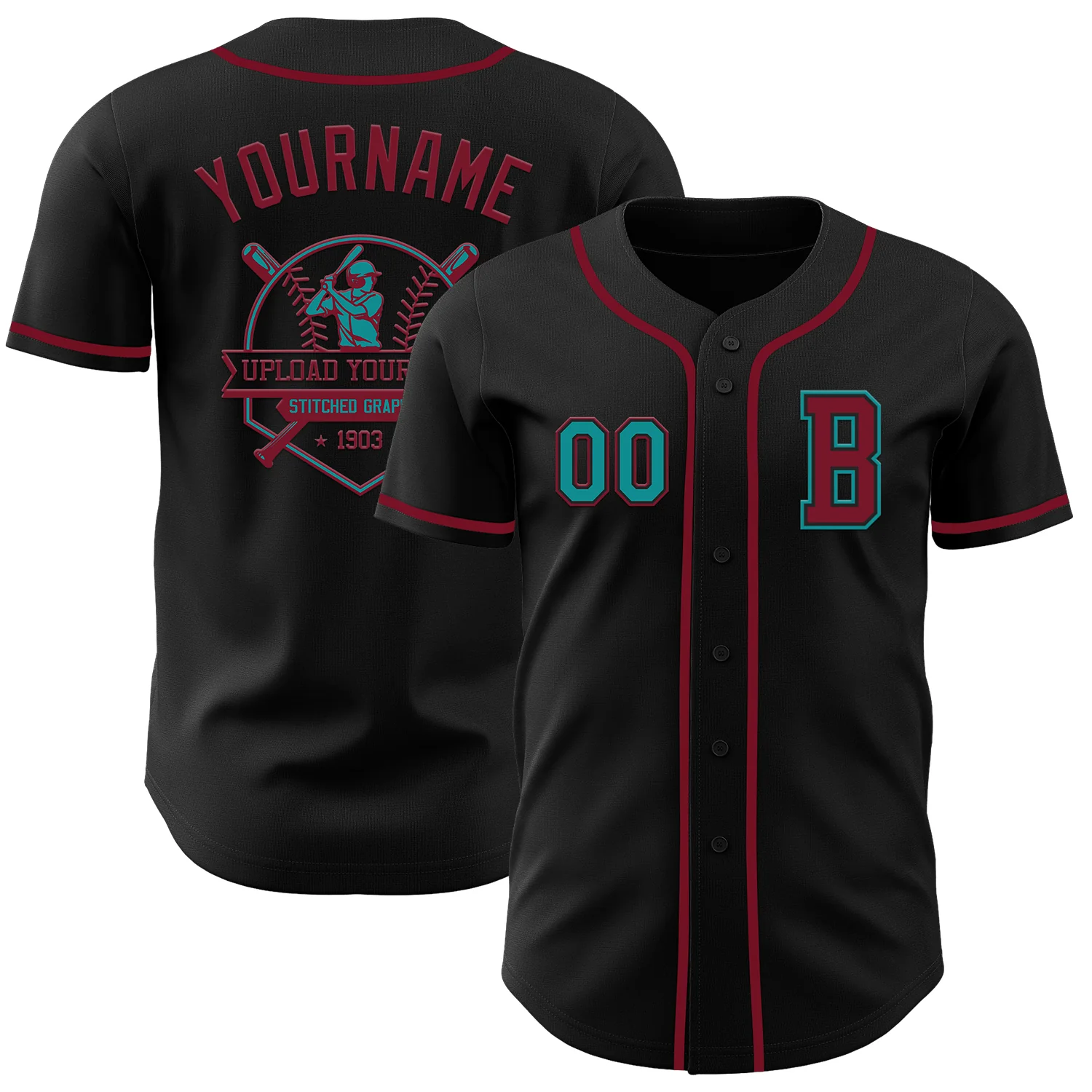 Custom Black Teal-Crimson Authentic Baseball Jersey - Image 5