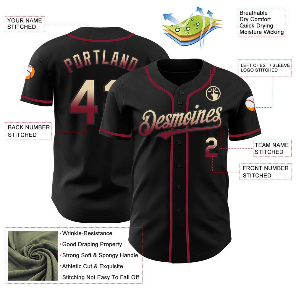 Custom Black Cream-Crimson Authentic Fade Fashion Baseball Jersey - Image 3