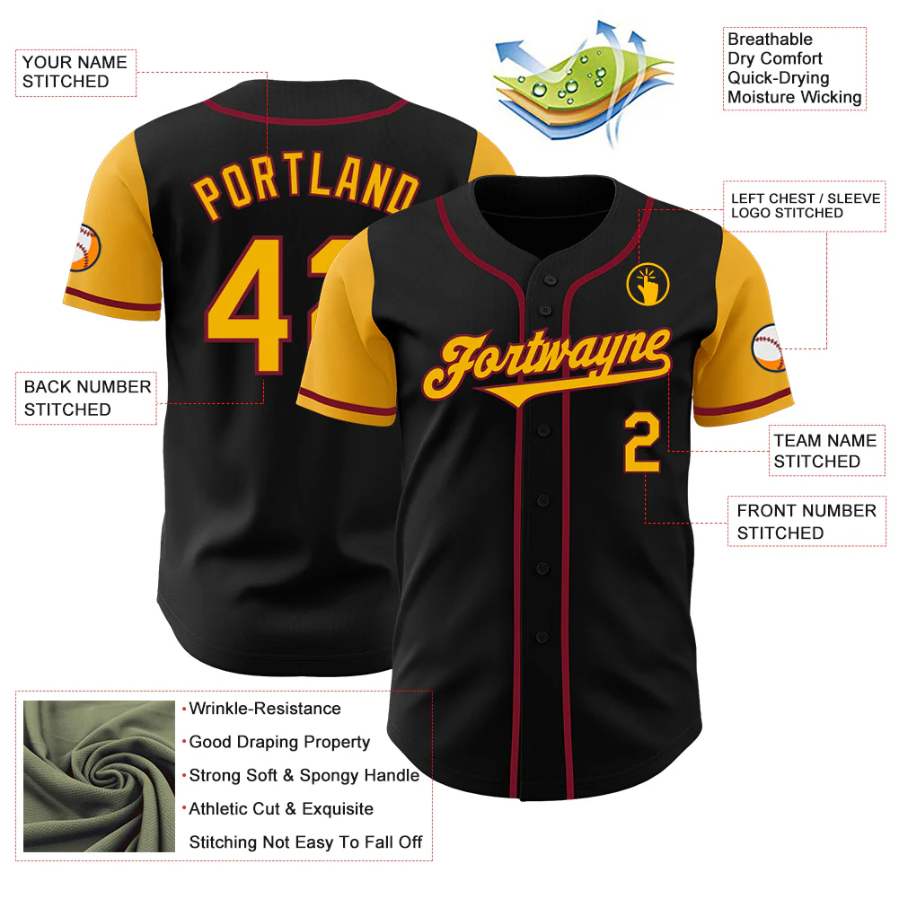 Custom Black Gold-Crimson Authentic Two Tone Baseball Jersey - Image 3