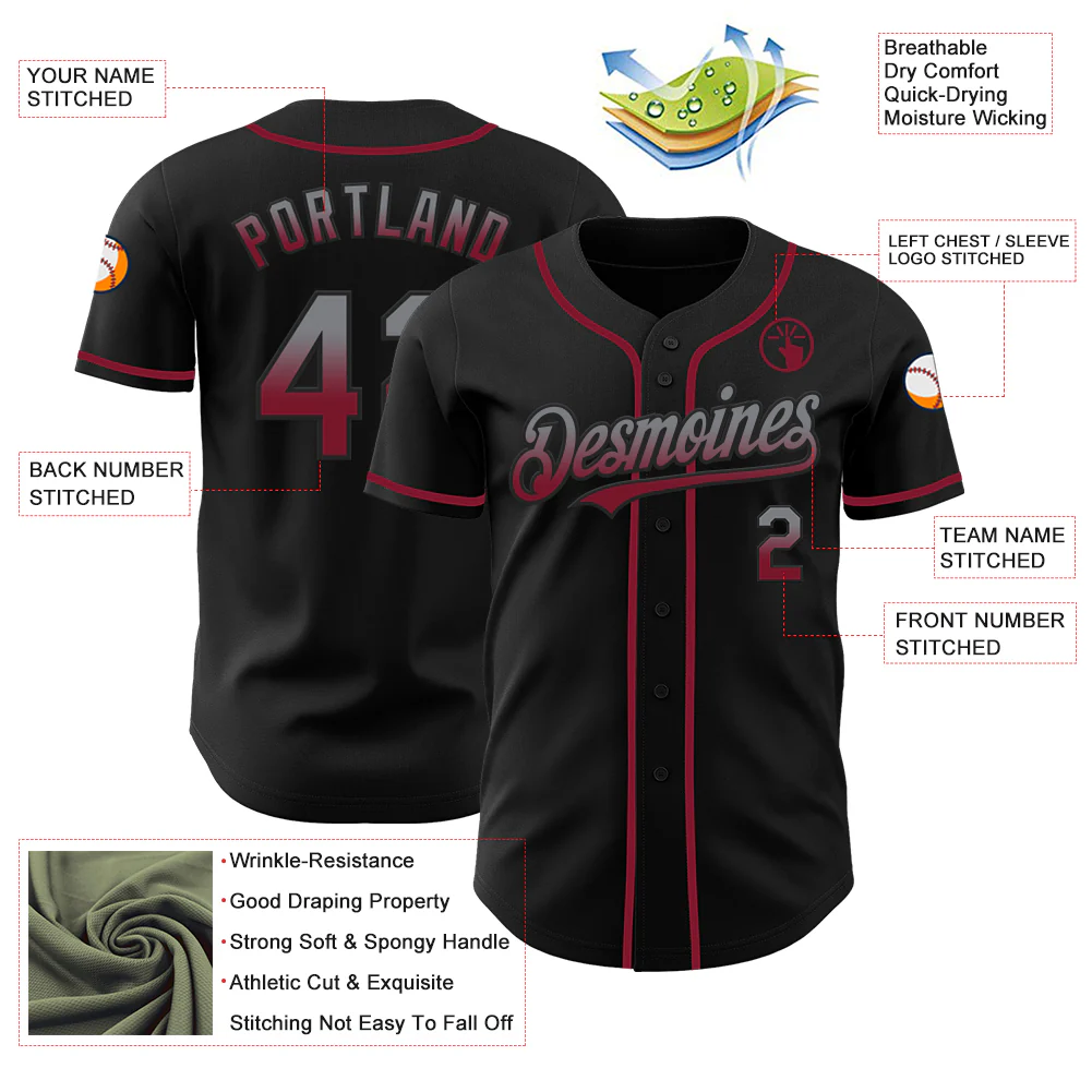 Custom Black Gray-Crimson Authentic Fade Fashion Baseball Jersey - Image 3
