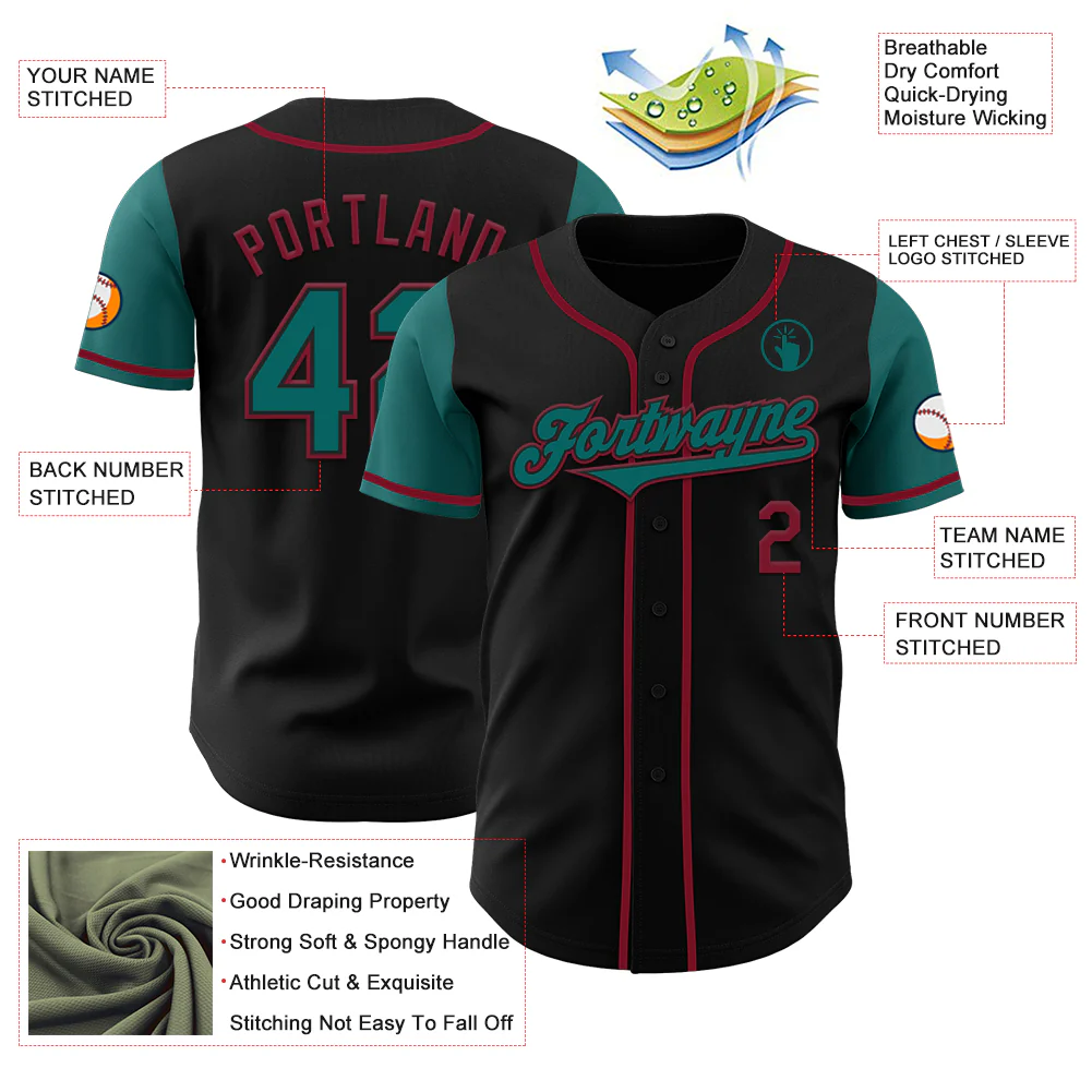 Custom Black Teal-Crimson Authentic Two Tone Baseball Jersey - Image 3