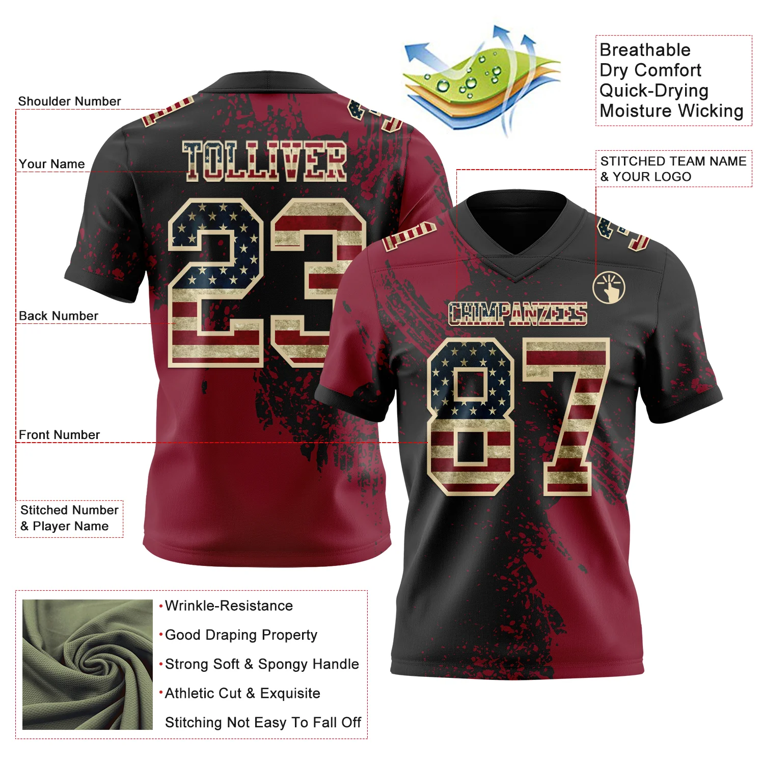 Custom Black Vintage USA Flag Crimson-Cream 3D Pattern Abstract Brush Stroke Authentic Football Jersey - Image 2