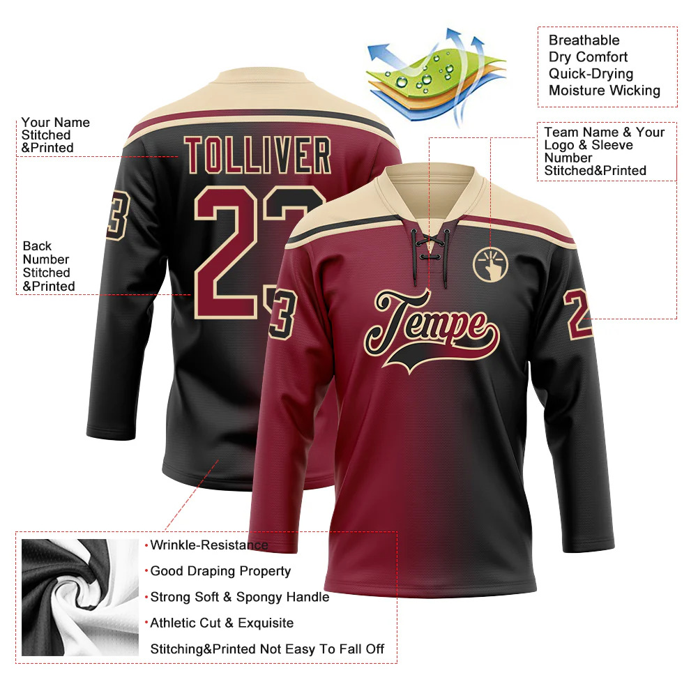 Custom Black Crimson-City Cream Gradient Fashion Hockey Lace Neck Jersey - Image 5