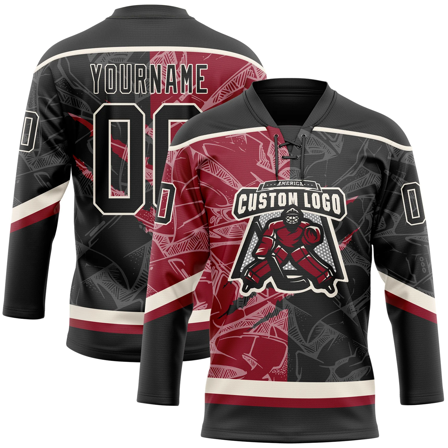 Custom Black Crimson-Cream 3D Pattern Gradient Fashion Scratch Hockey Lace Neck Jersey - Image 2