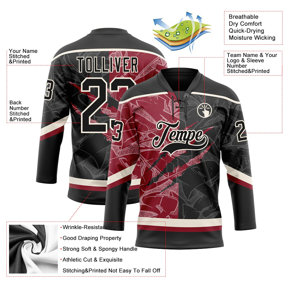 Custom Black Crimson-Cream 3D Pattern Gradient Fashion Scratch Hockey Lace Neck Jersey - Image 3