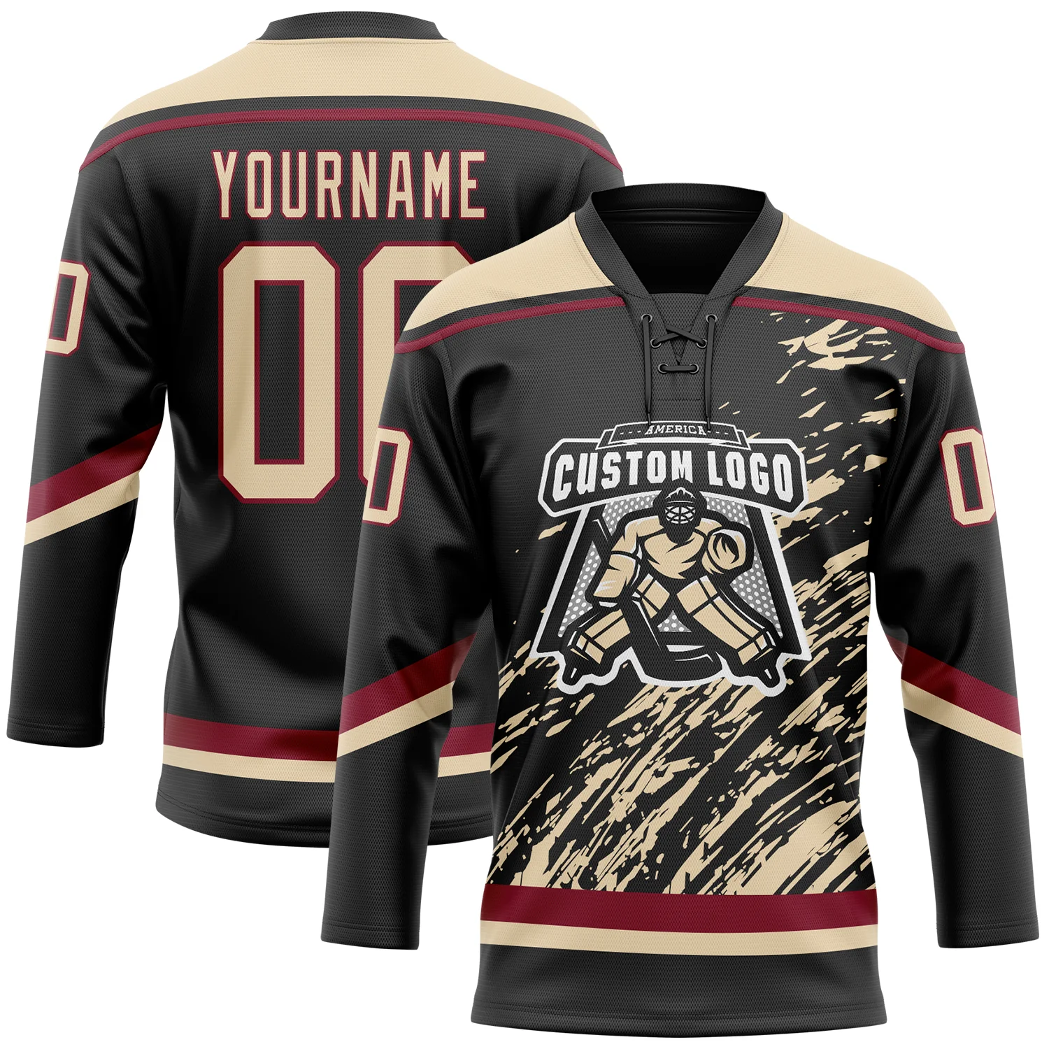 Custom Black City Cream-Crimson 3D Splash Art Hockey Lace Neck Jersey - Image 2