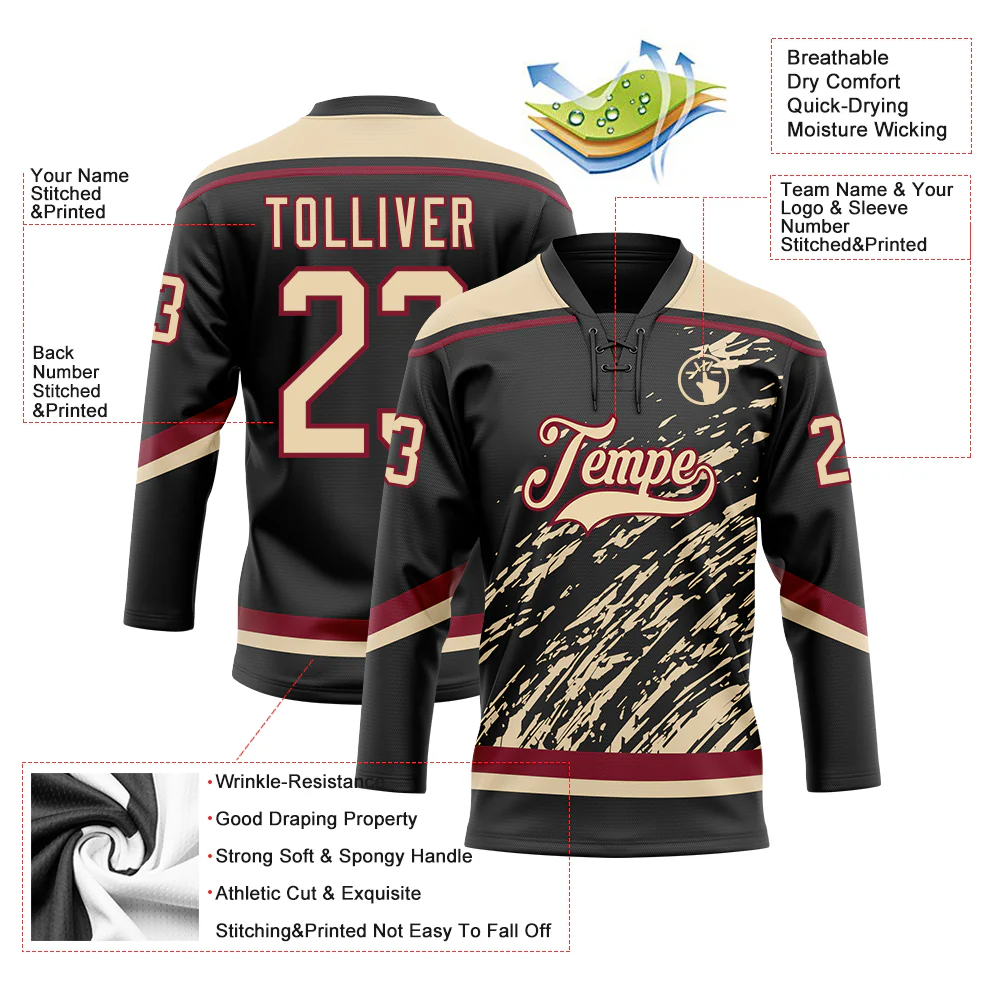 Custom Black City Cream-Crimson 3D Splash Art Hockey Lace Neck Jersey - Image 5