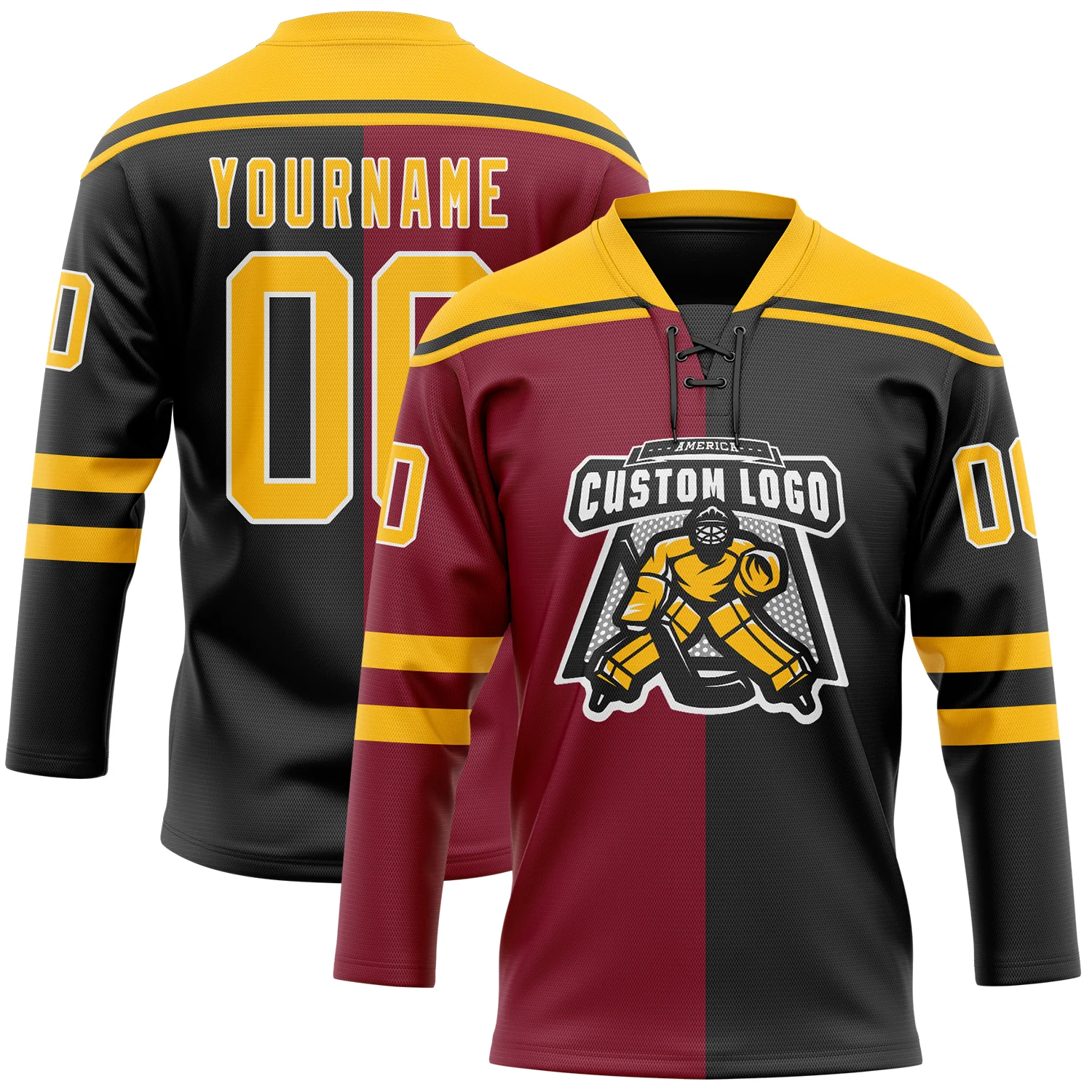 Custom Black Gold Crimson-White Split Fashion Hockey Lace Neck Jersey - Image 2
