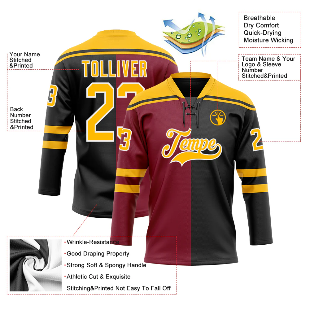 Custom Black Gold Crimson-White Split Fashion Hockey Lace Neck Jersey - Image 5