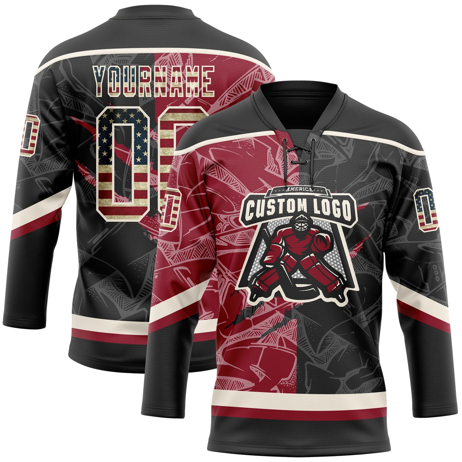 Custom Black Vintage USA Flag Crimson-Cream 3D Pattern Gradient Fashion Scratch Hockey Lace Neck Jersey - Image 2