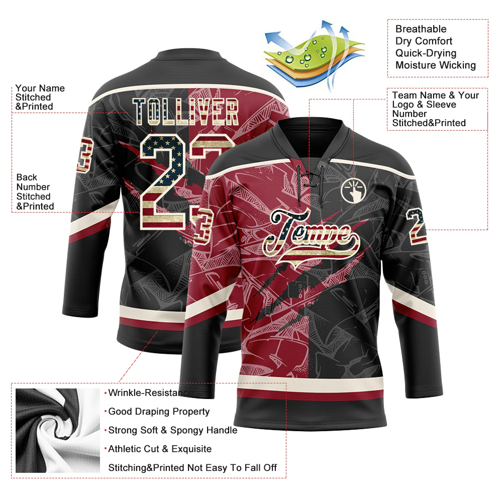 Custom Black Vintage USA Flag Crimson-Cream 3D Pattern Gradient Fashion Scratch Hockey Lace Neck Jersey - Image 3