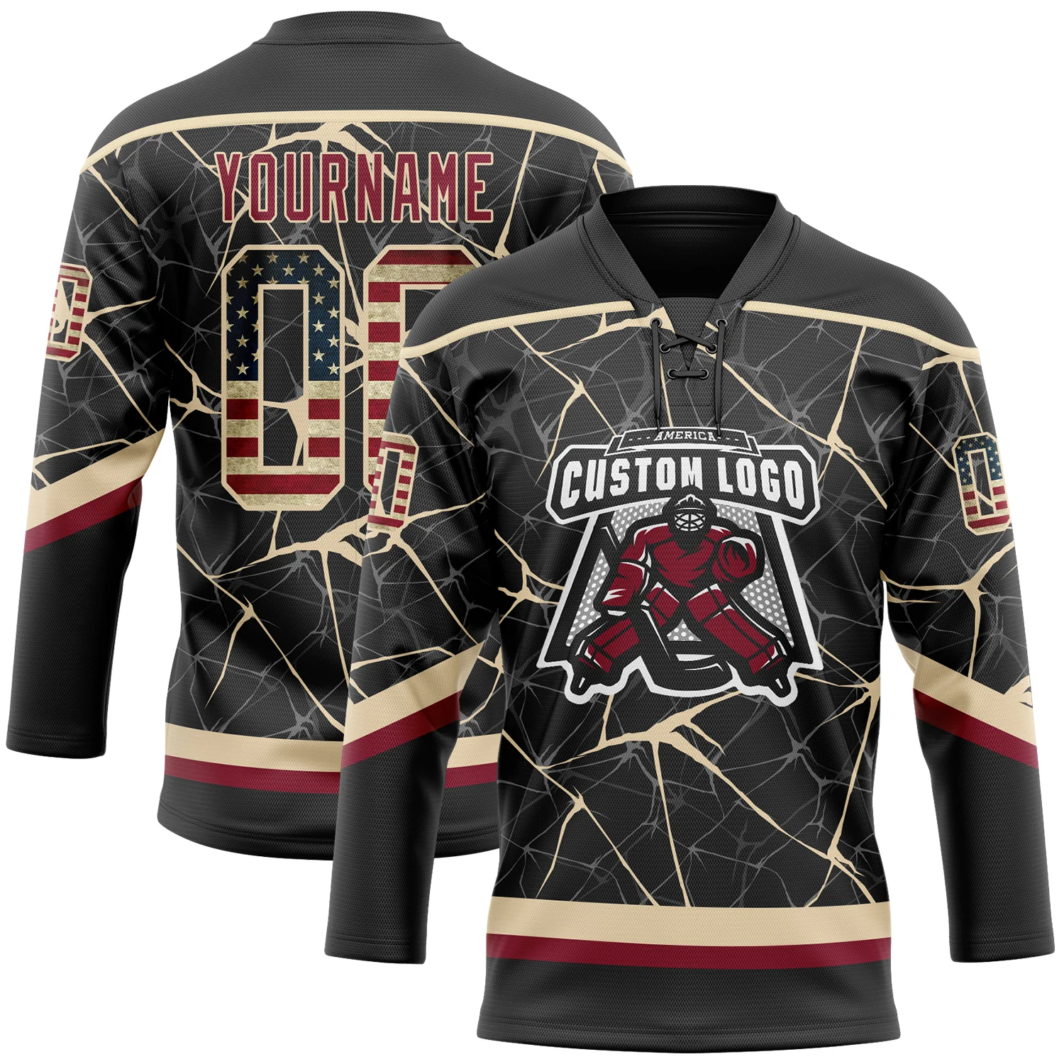Custom Black Vintage USA Flag Crimson-City Cream 3D Pattern Abstract Network Hockey Lace Neck Jersey - Image 2