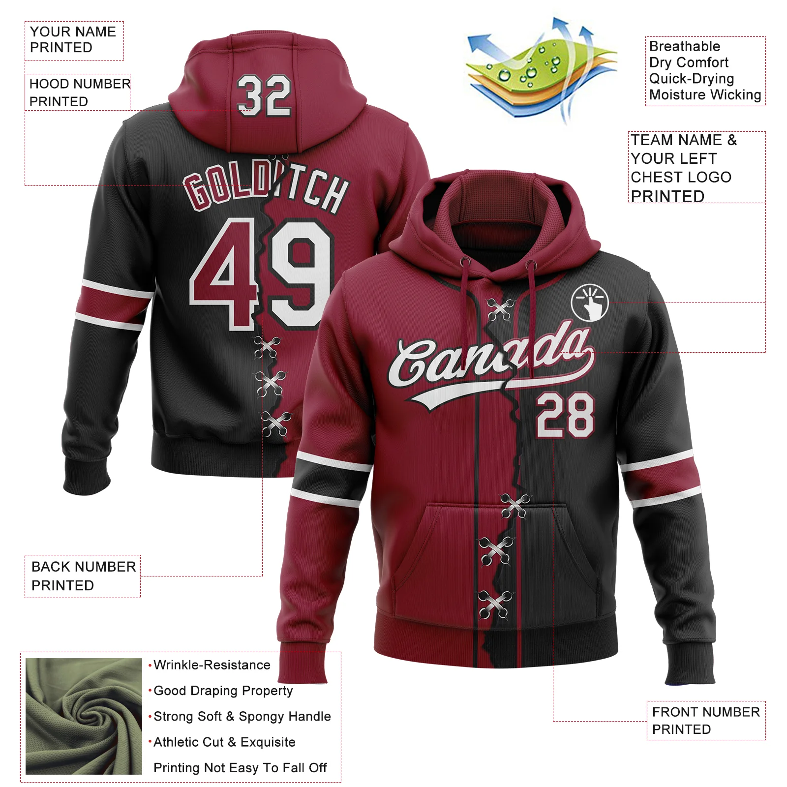 Custom Black White-Crimson Split Ripped Pattern Baseball Pullover Sweatshirt Hoodie - Image 4