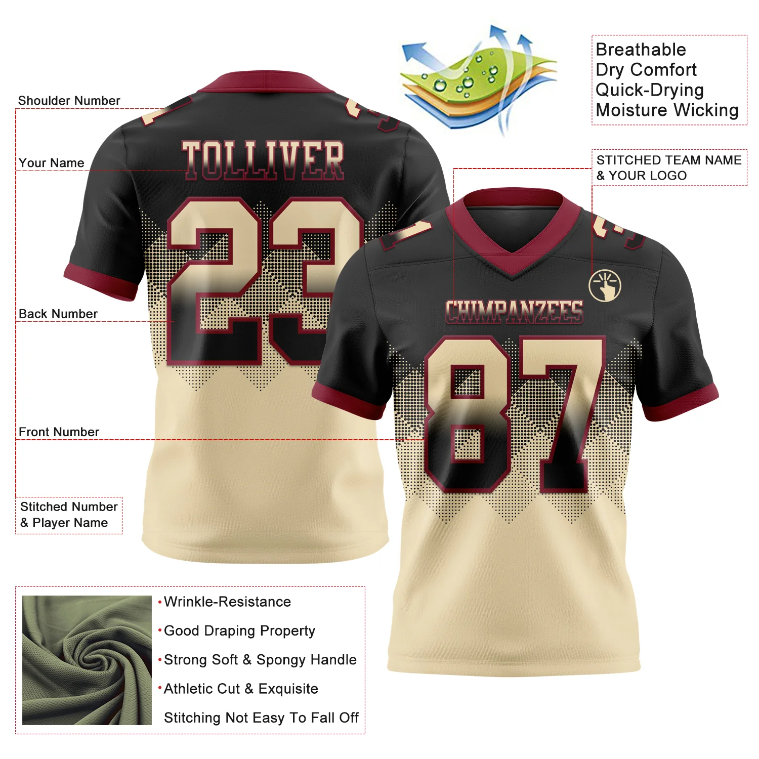 Custom Black Cream-Crimson Authentic Gradient Square Shape Flag Football Jersey - Image 2