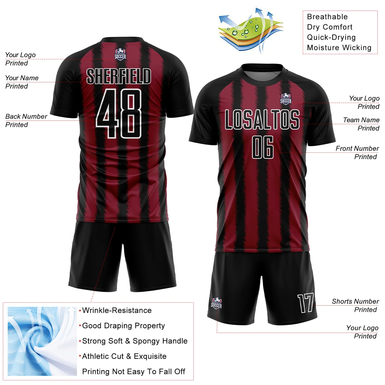 Custom Black Crimson-White Line Sublimation Soccer Uniform Jersey - Image 4