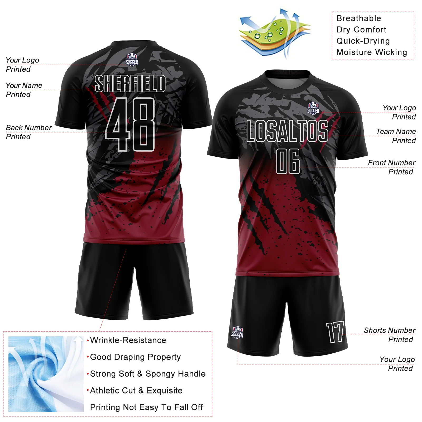 Custom Black Crimson-White Gradient Scratch Splash Sublimation Soccer Uniform Jersey - Image 4