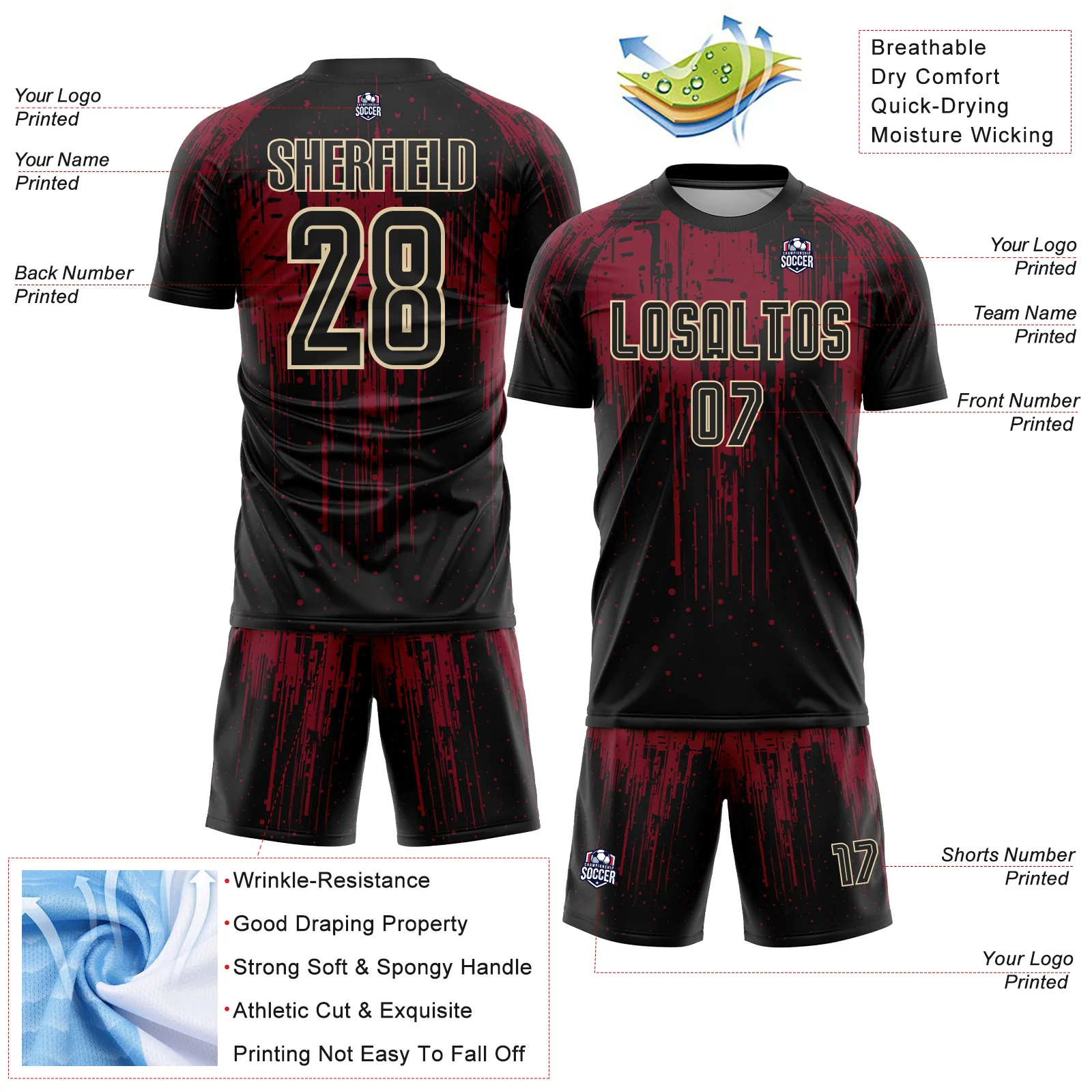 Custom Black Crimson-Cream Dripping Splatte Pattern Sports Sublimation Soccer Uniform Jersey - Image 4