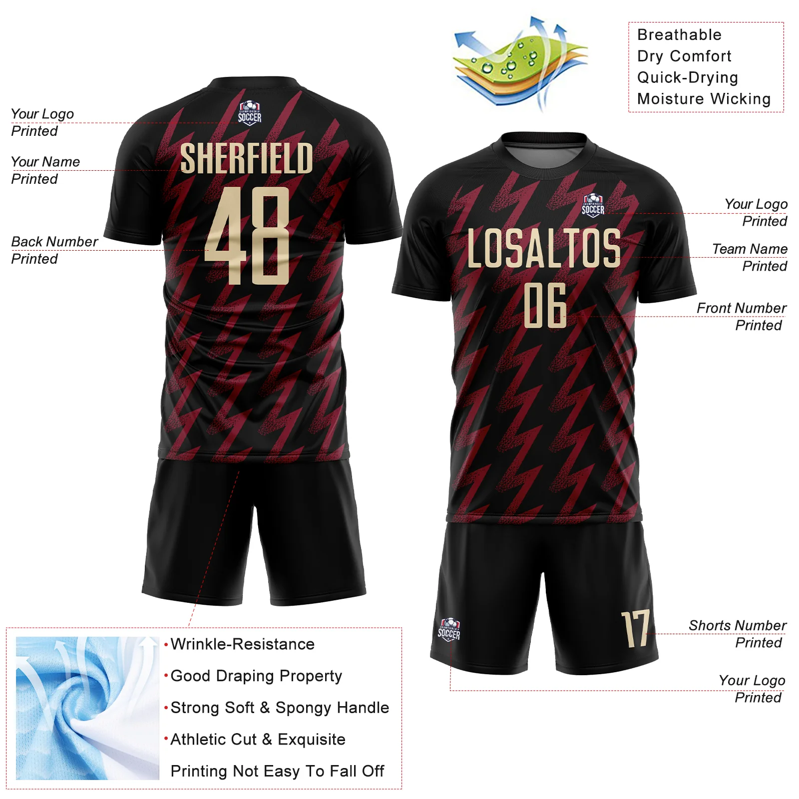 Custom Black Cream-Crimson Zigzag Shape Sublimation Soccer Uniform Jersey - Image 4