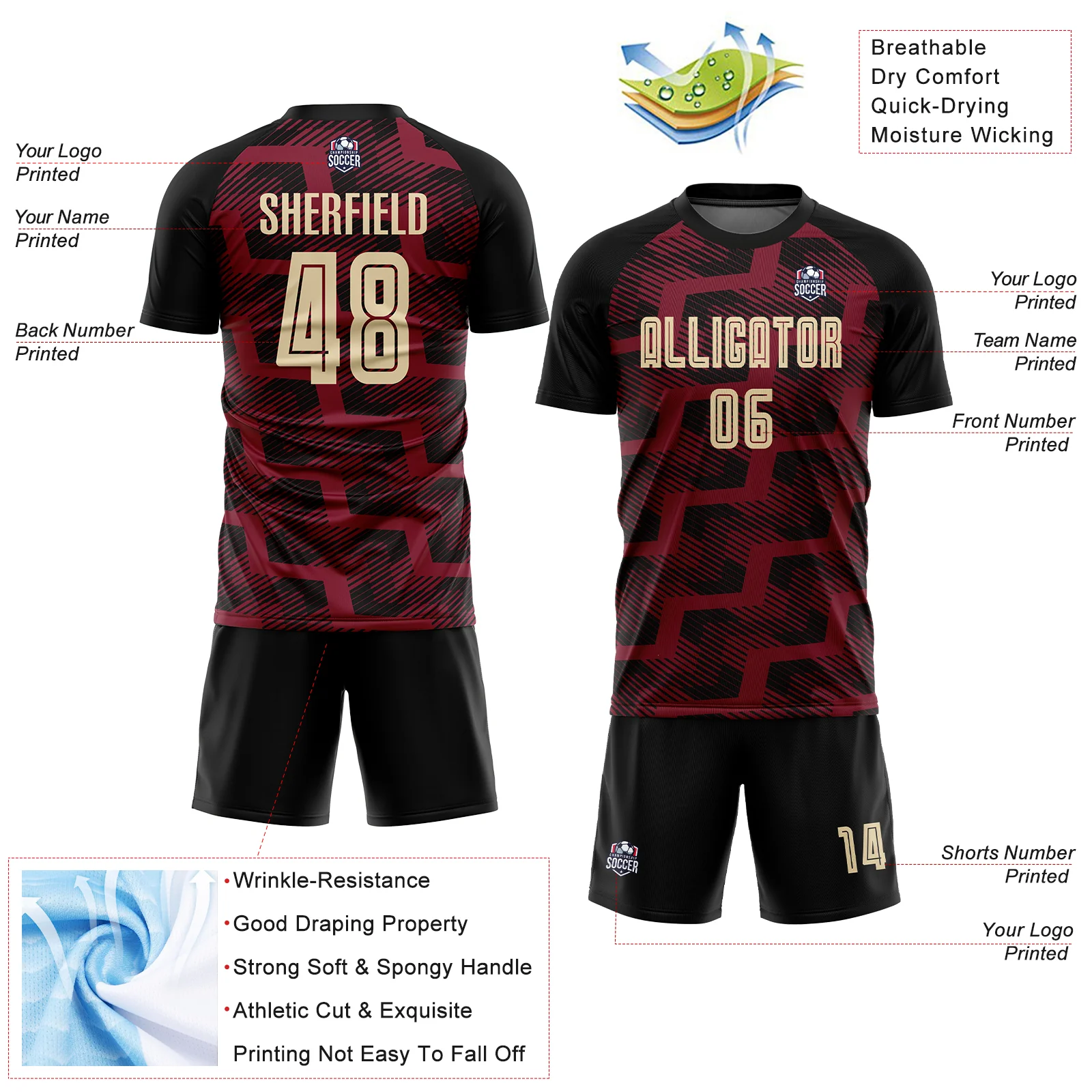 Custom Black Cream-Crimson Line Sublimation Soccer Uniform Jersey - Image 4