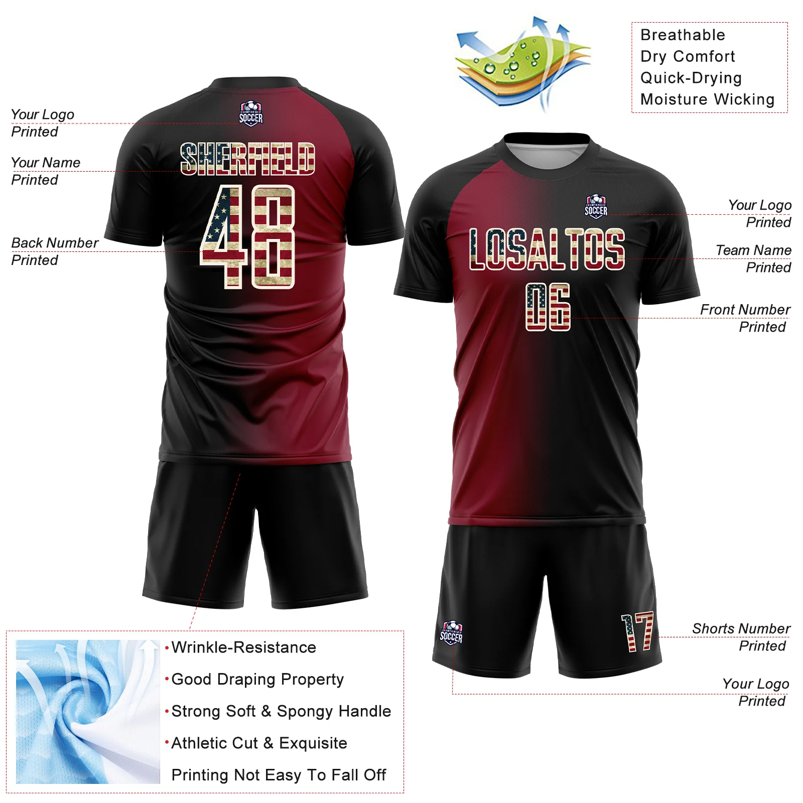 Custom Black Vintage USA Flag Crimson-Cream Sublimation Gradient Fashion Soccer Uniform Jersey - Image 4