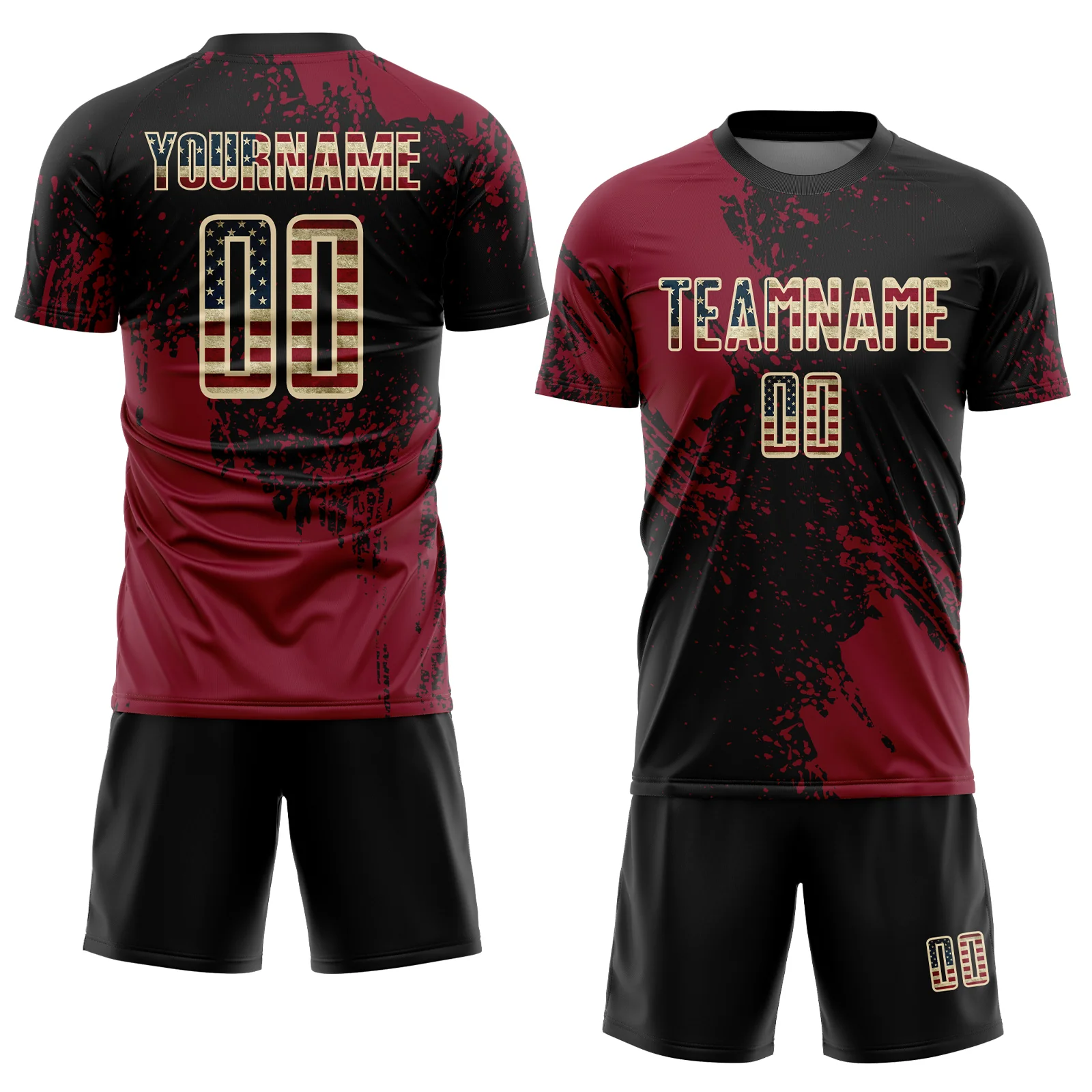 Custom Black Vintage USA Flag Crimson-Cream Abstract Brush Stroke Sports Sublimation Soccer Uniform Jersey - Image 2