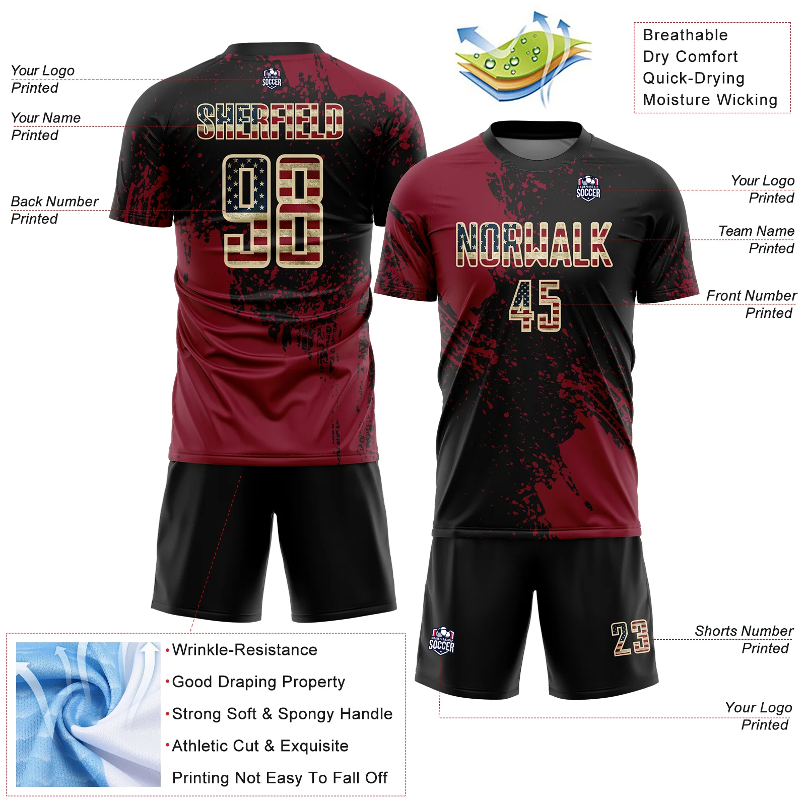 Custom Black Vintage USA Flag Crimson-Cream Abstract Brush Stroke Sports Sublimation Soccer Uniform Jersey - Image 4