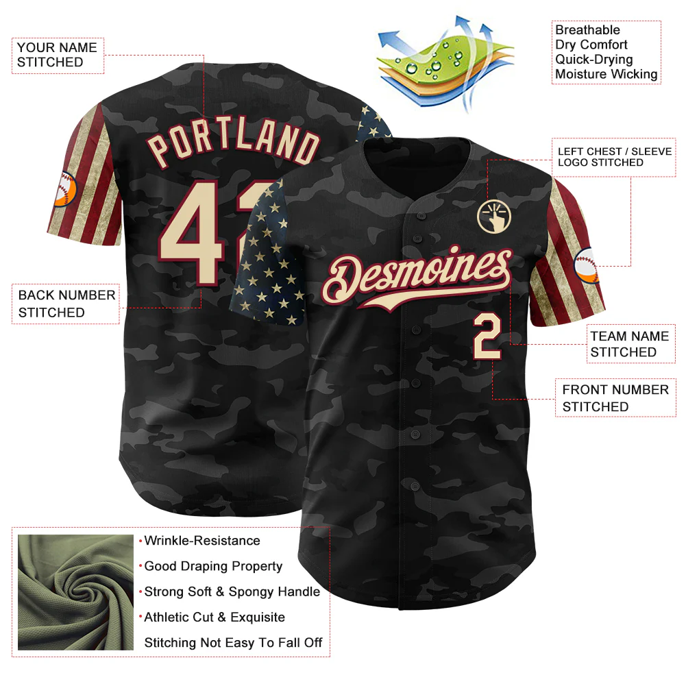 Custom Camo Cream-Crimson 3D American Flag Authentic Salute To Service Baseball Jersey - Image 3
