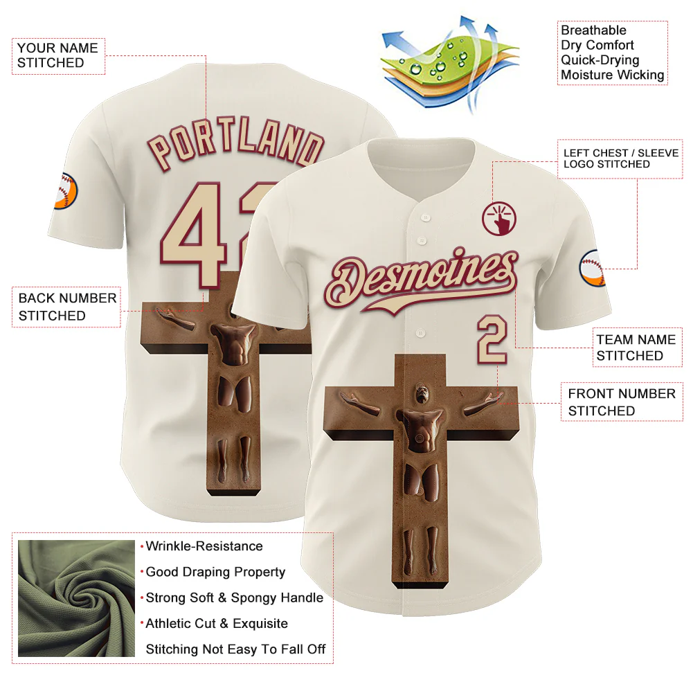 Custom Cream City Cream-Crimson 3D Marcel Caram The Man And The Cross Authentic Baseball Jersey - Image 3