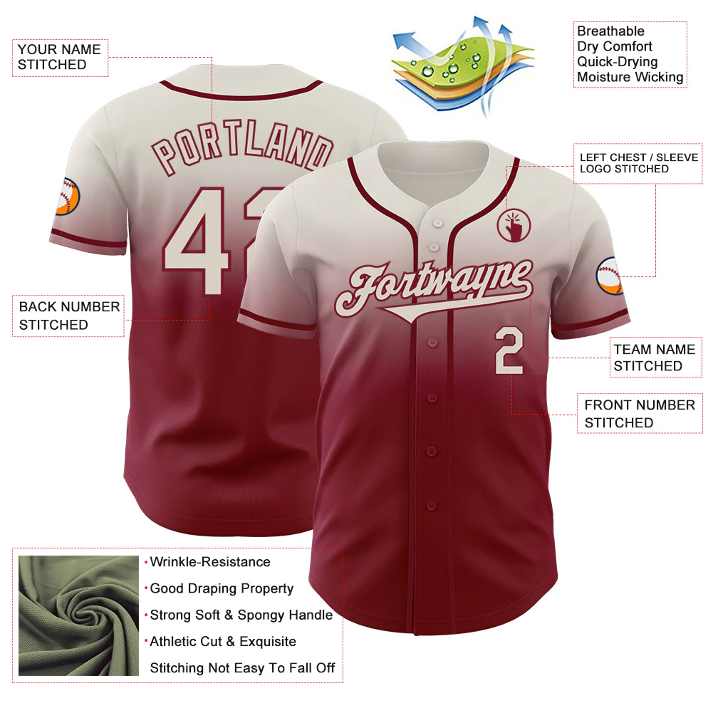 Custom Cream Crimson Authentic Fade Fashion Baseball Jersey - Image 3