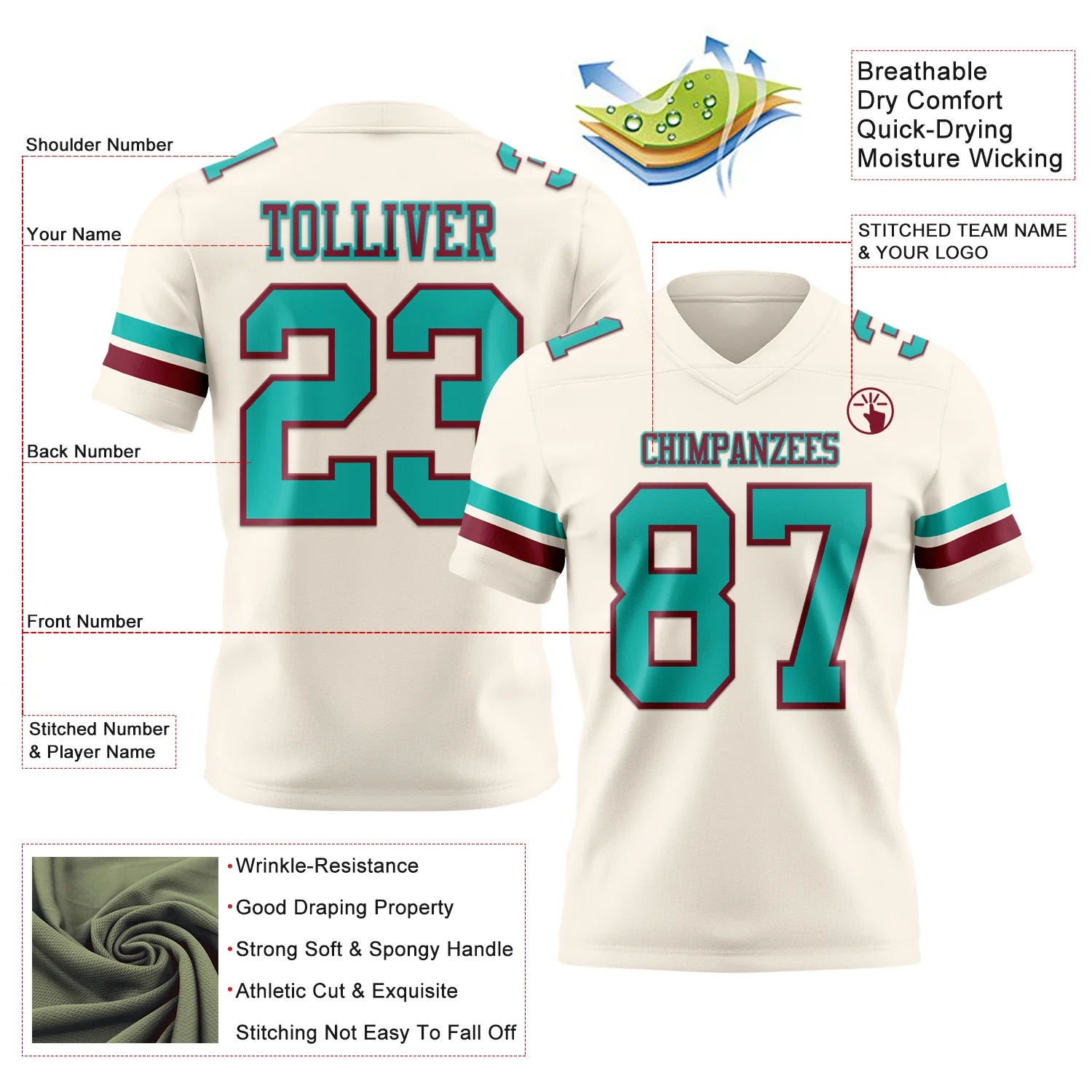 Custom Cream Aqua-Crimson Authentic Football Jersey - Image 3