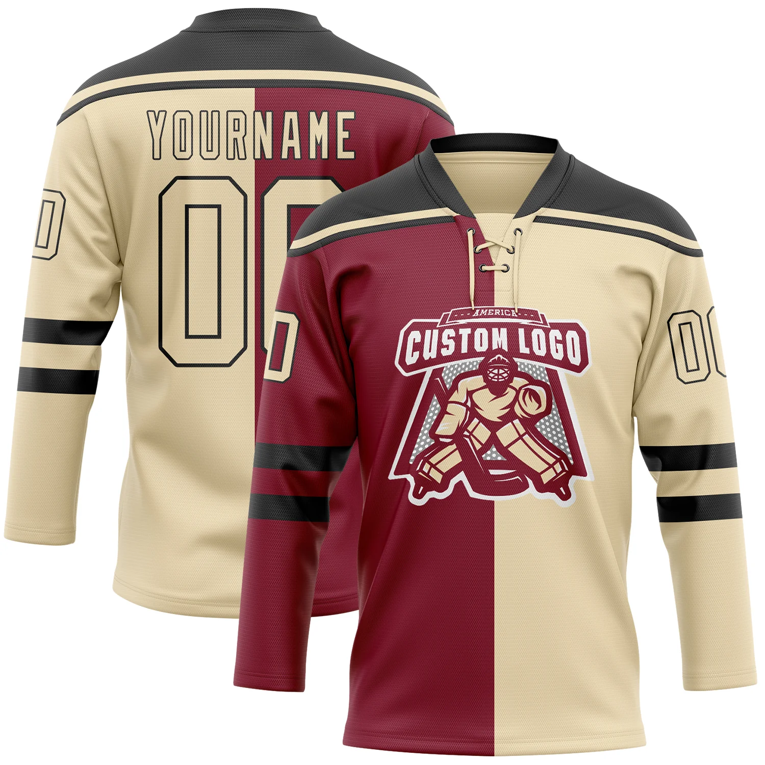 Custom Cream Crimson-Black Split Fashion Hockey Lace Neck Jersey - Image 2