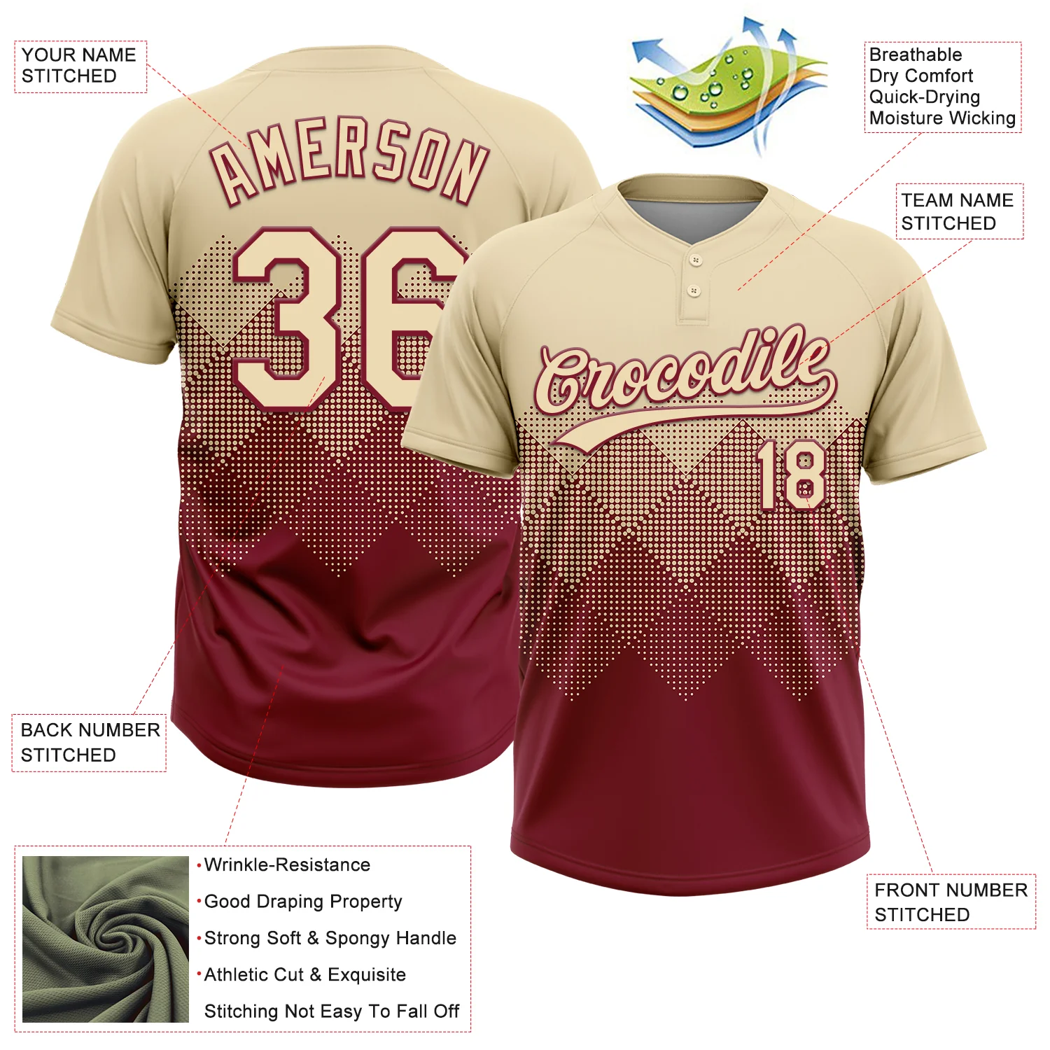 Custom Cream Crimson 3D Gradient Square Shape Two-Button Unisex Softball Jersey - Image 3