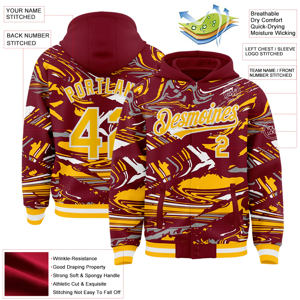 Custom Figure Gold Crimson-White Fluid Pattern Bomber Full-Snap Varsity Letterman Hoodie Jacket - Image 4