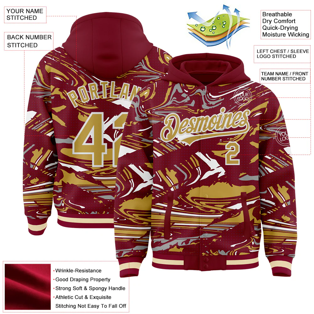 Custom Figure Old Gold Crimson Cream-White Fluid Pattern Bomber Full-Snap Varsity Letterman Hoodie Jacket - Image 4