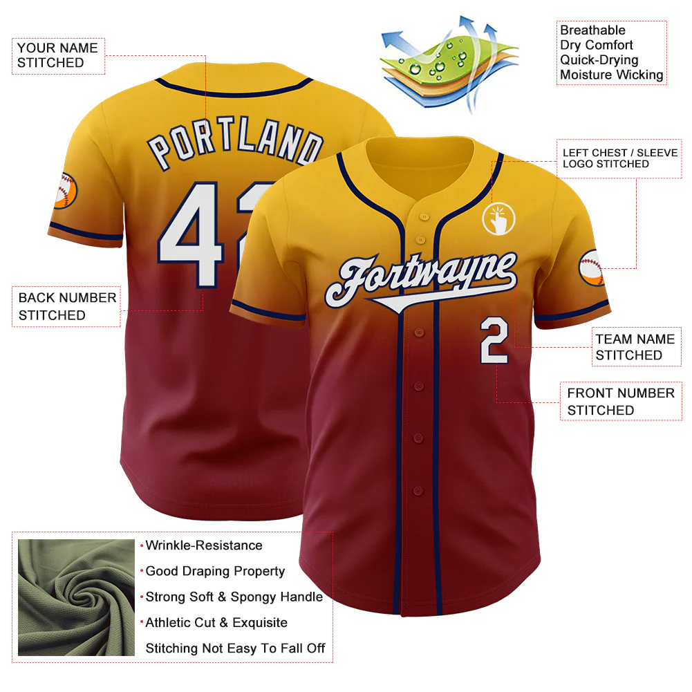 Custom Gold White Crimson-Navy Authentic Fade Fashion Baseball Jersey - Image 3