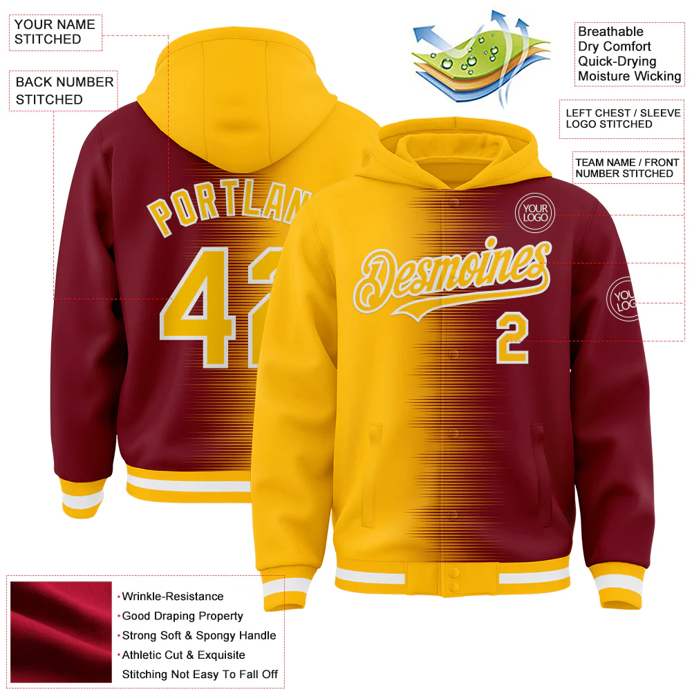 Custom Gold Crimson-White Gradient Line Bomber Full-Snap Varsity Letterman Hoodie Jacket - Image 4