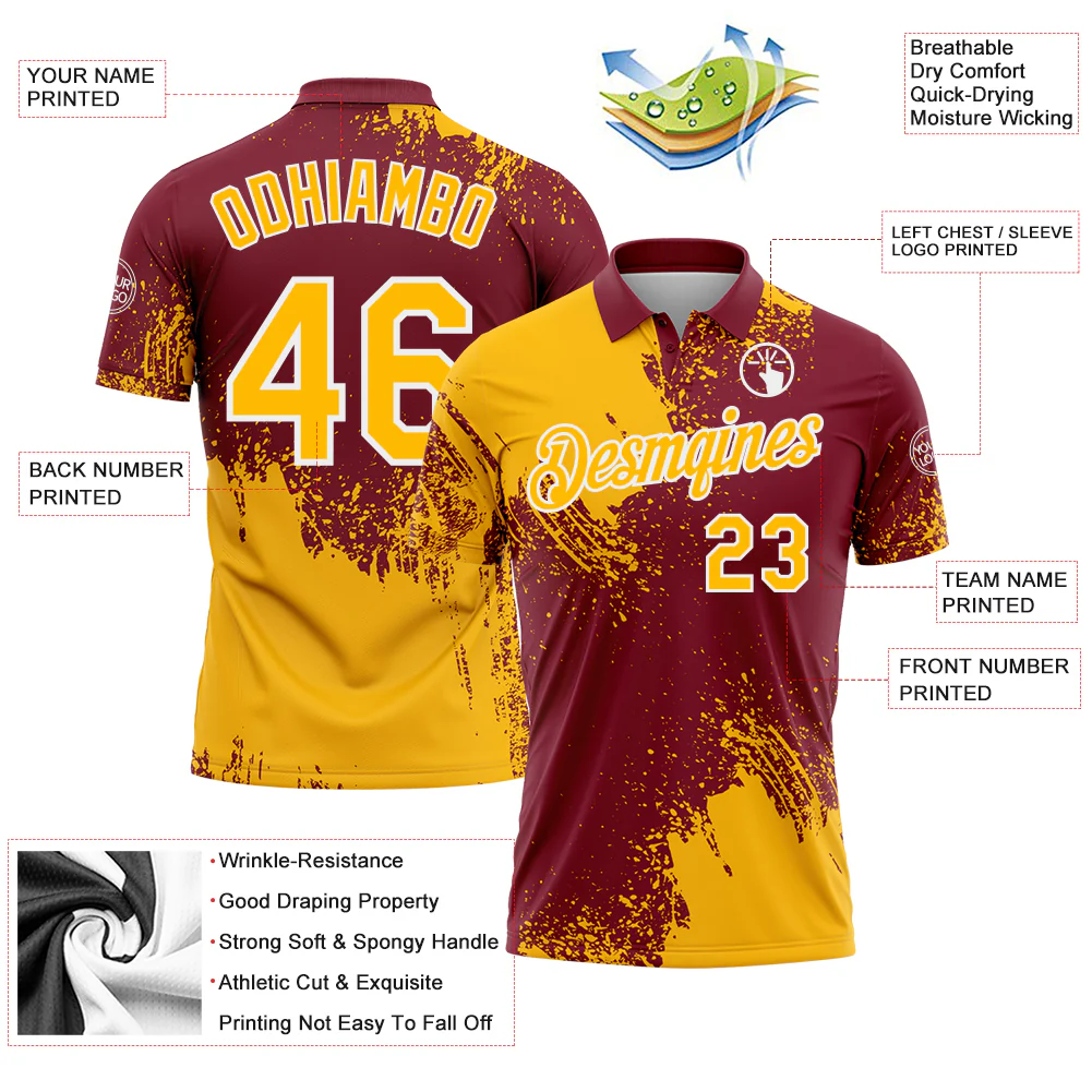 Custom Gold Crimson-White 3D Pattern Design Abstract Brush Stroke Performance Polo Shirt - Image 3
