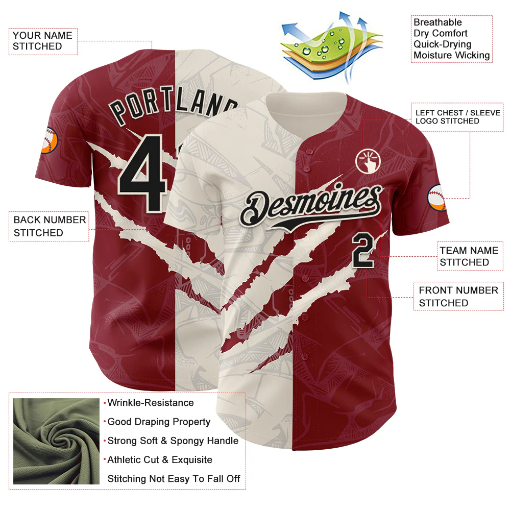 Custom Graffiti Pattern Black Crimson-Cream 3D Scratch Authentic Baseball Jersey - Image 3