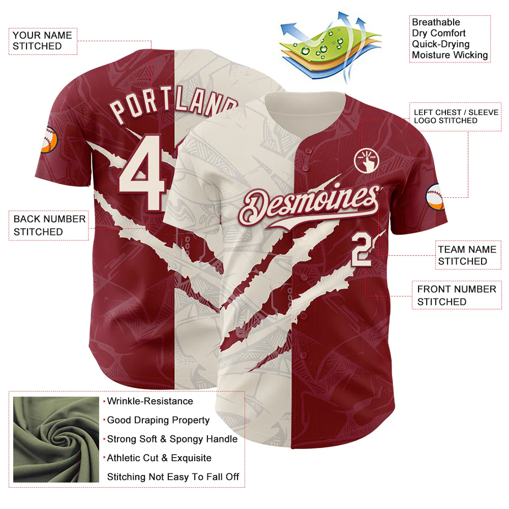 Custom Graffiti Pattern Cream-Crimson 3D Scratch Authentic Baseball Jersey - Image 3