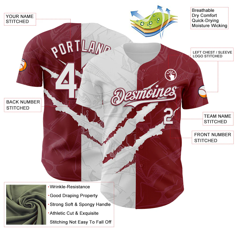 Custom Graffiti Pattern White-Crimson 3D Scratch Authentic Baseball Jersey - Image 3