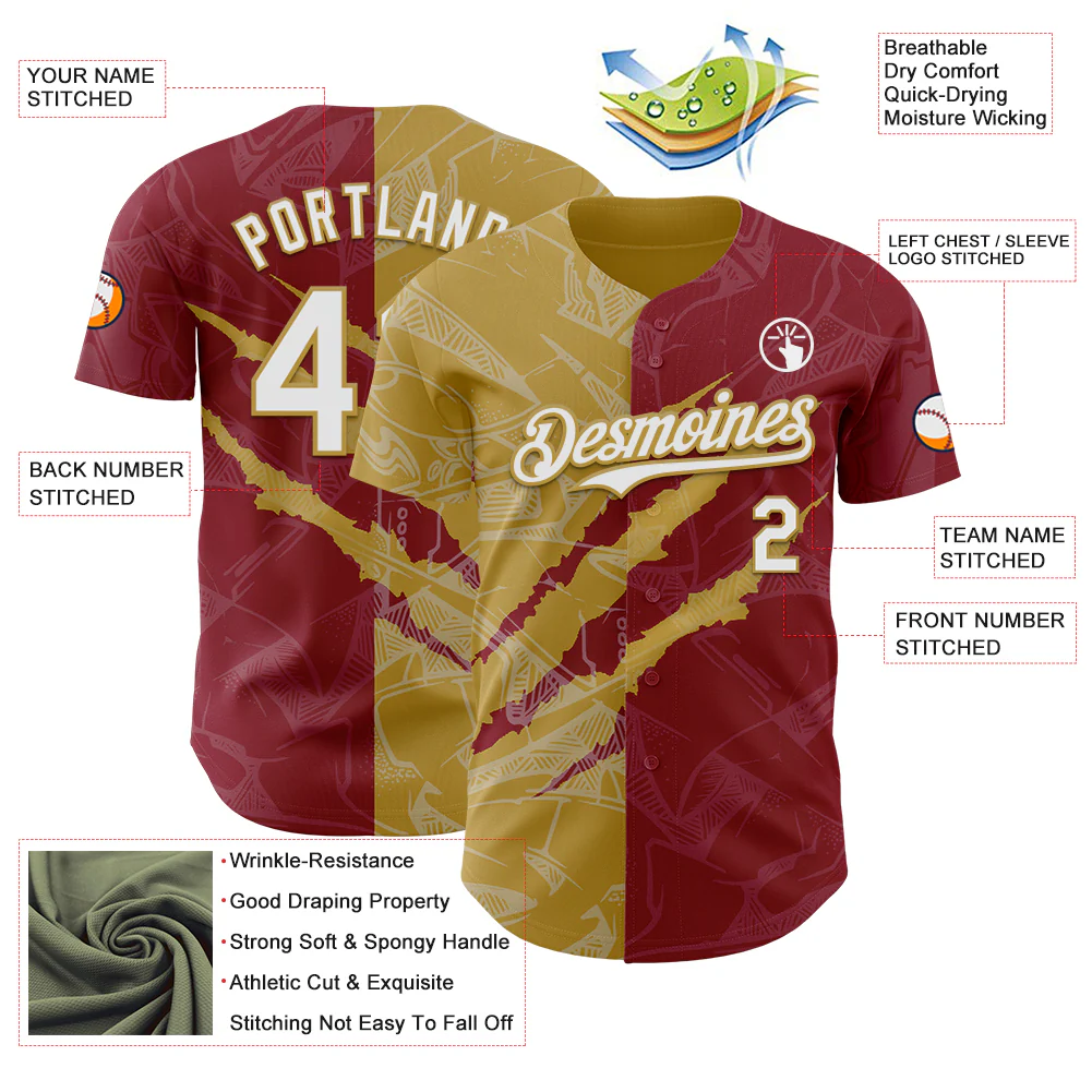 Custom Graffiti Pattern White Crimson-Old Gold 3D Scratch Authentic Baseball Jersey - Image 3