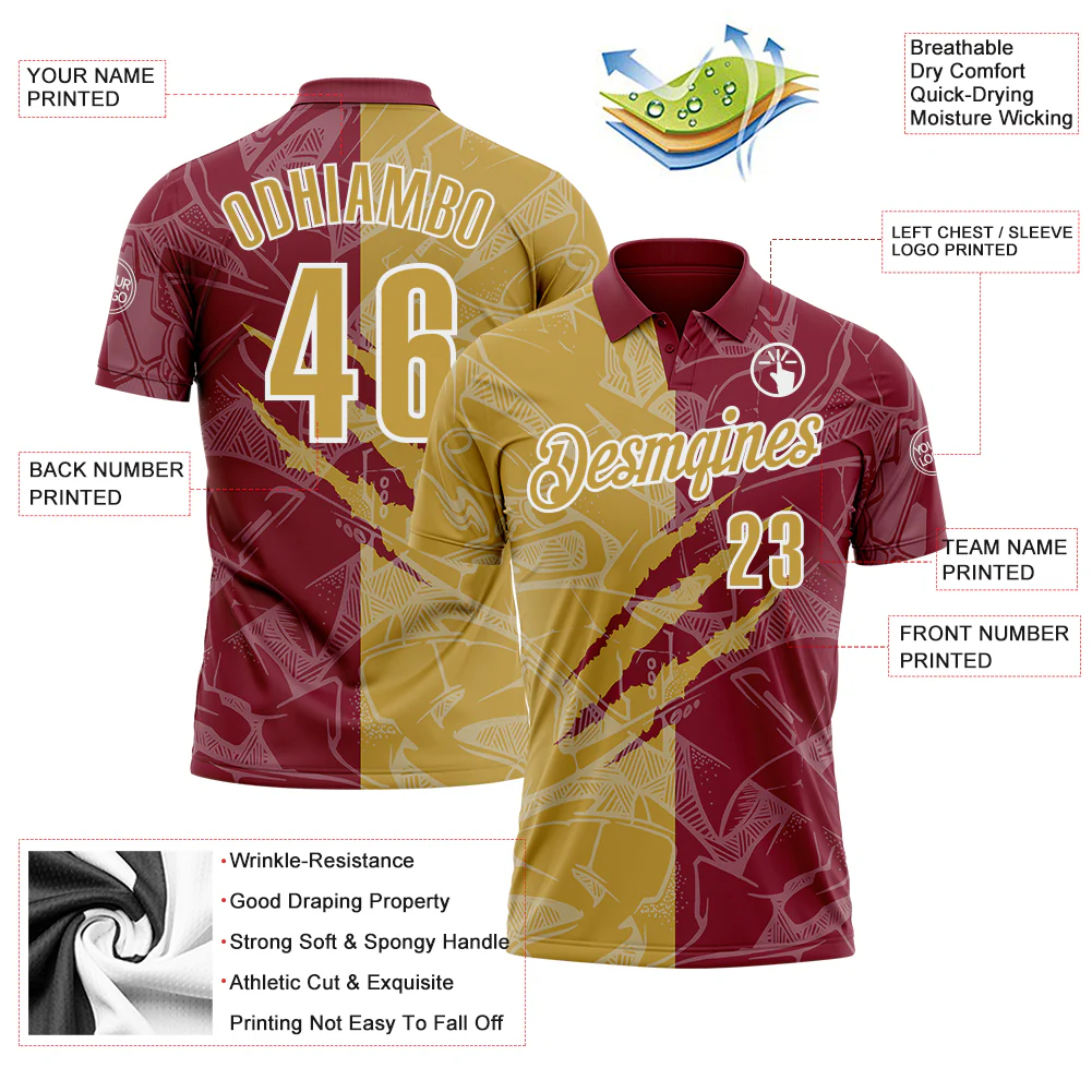 Custom Graffiti Pattern Old Gold Crimson-White 3D Scratch Performance Polo Shirt - Image 3