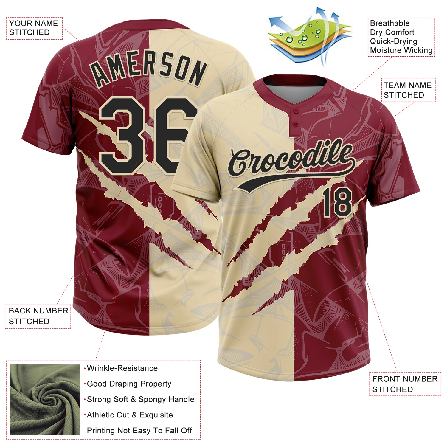 Custom Graffiti Pattern Black Crimson-Cream 3D Scratch Two-Button Unisex Softball Jersey - Image 3