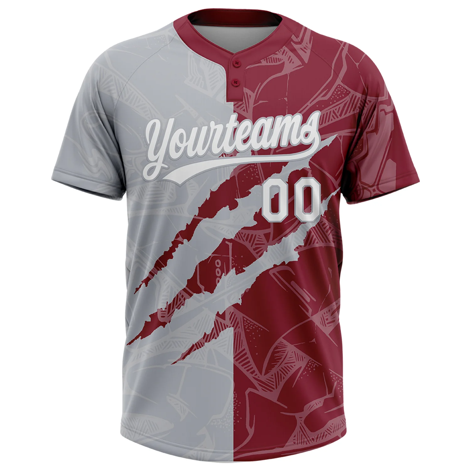 Custom Graffiti Pattern White Crimson-Gray 3D Scratch Two-Button Unisex Softball Jersey - Image 2