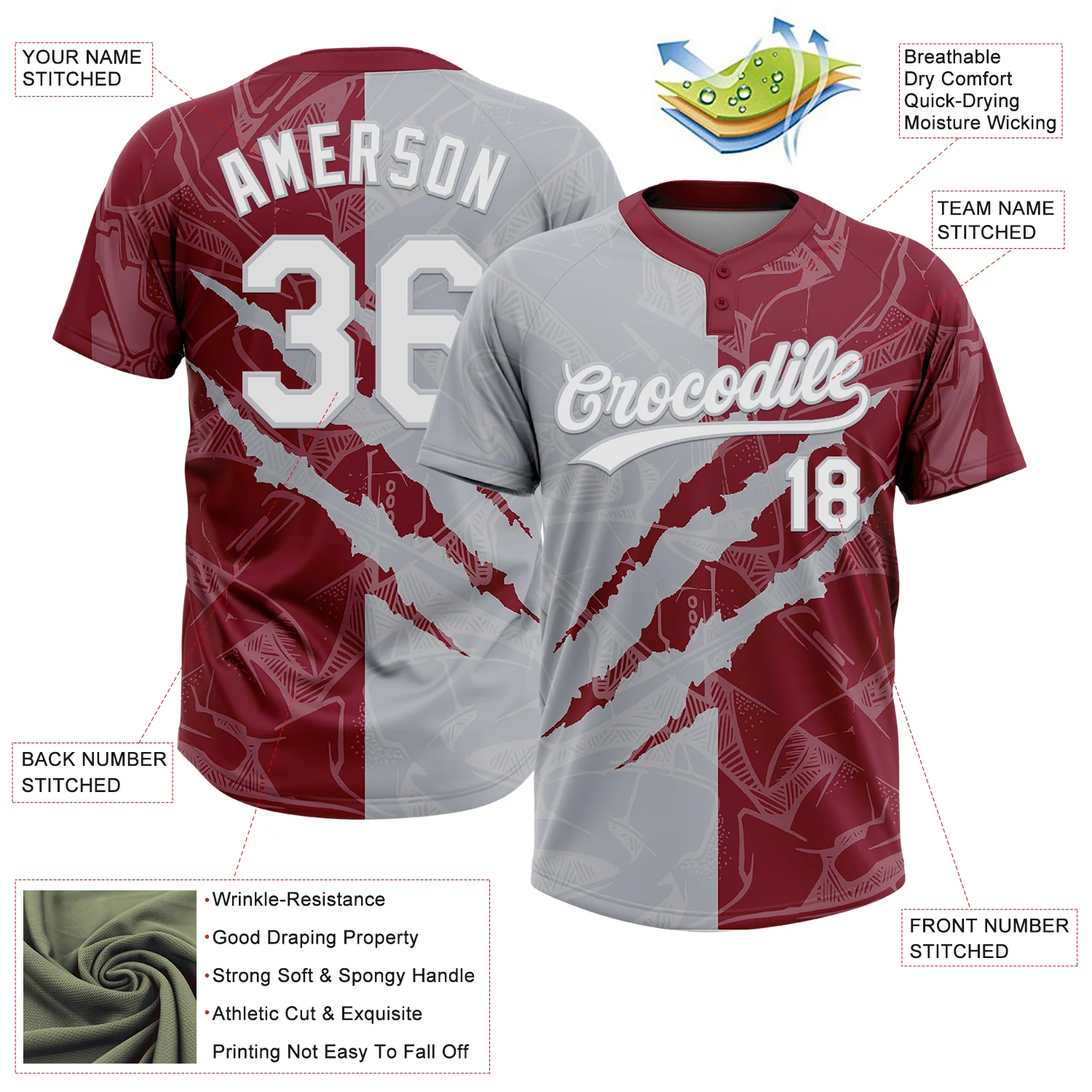 Custom Graffiti Pattern White Crimson-Gray 3D Scratch Two-Button Unisex Softball Jersey - Image 3